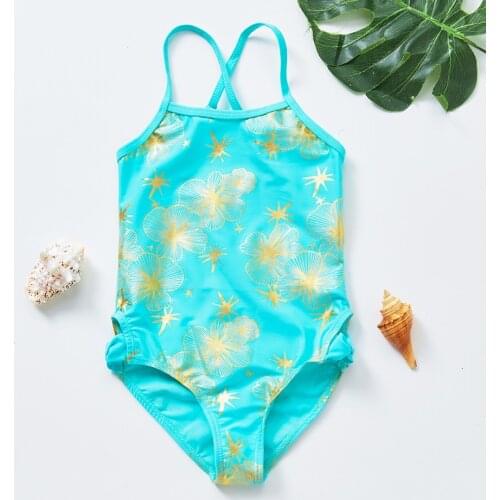 2-14years Girls Swimsuit 2021 Gilded Floral Swimsuit One Pice Swimsuit For Children Summer Style Blue Flower Bathing Suit
