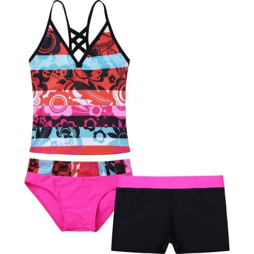 Floral Swimsuit Set 2021 Girls' 3Pcs Sun Protection Tankini Kids Girl Beach Swimwear Sleeveless Tops Bottoms Shorts Bathing Suit