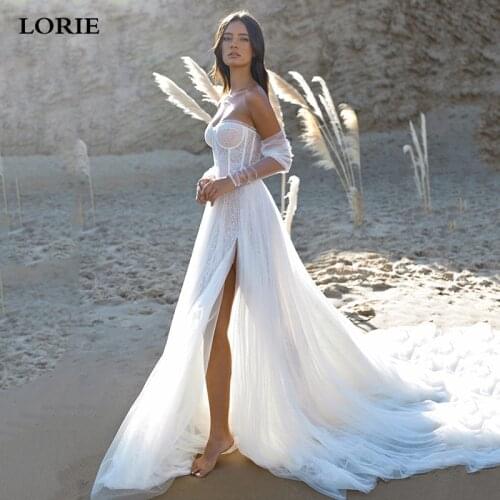 LORIE Soft Beach Wedding Dress Detachable Sleeve Sweetheart Neck Bridal Gowns High Side Split Wedding Gowns Vestido De Noiva