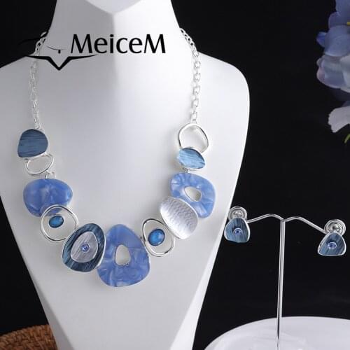 MeiceM Luxury Acrylic Wedding Necklace Set For Women Colorful Acryl Square Gem Pendant Necklace New Necklaces Sets Boho Jewel