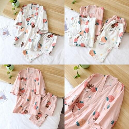 2021 New Womens Japanese Kimono Two-piece 100% Cotton Spring and Summer Thin Home Wear Set of Three-quarter Sleeve Trousers