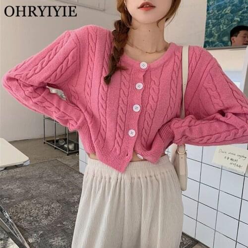 OHRYIYIE Pink Blue Autumn Winter Short Cardigan Sweater Women 2021 New Twist Long Sleeve Knitted Sweater Female Loose Sweaters