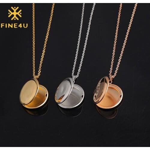 FINE4U N563 Locket Necklace That Holds Photos Pictutes Round Shaped Stainless Steel Necklace for Women