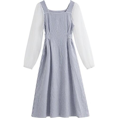 PERHAPS U Woman Elegant Plaid Blue Slash Neck Long Sleeve Knee Length Dress A-line Mesh Patchwork Sash D2190
