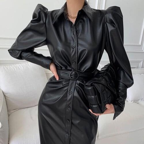 Faux Leather Dress Long Puff Sleeve Black Vintage Singel Breasted Dresses with Belt Maxi Clothing Korean Side Split Kpop XC134