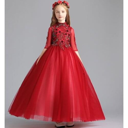 Flower Girl Dresses Appliques Princess Sequined Three Quarter Floor-Length Tulle Pearls Crystal Embroidery Kids Party Gown H153