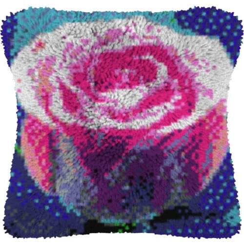 Pink Rose Pillow Case Canvas Acrylic Yarn Latched Hook Pillow Kits Crochet Cushion Cover Latch Hook Cushion