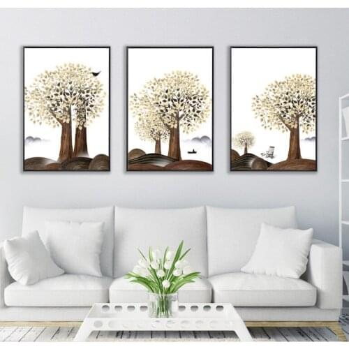 Nordic fresh water color big tree decorative painting 3 pieces canvas paintings decoration for living room Unframed