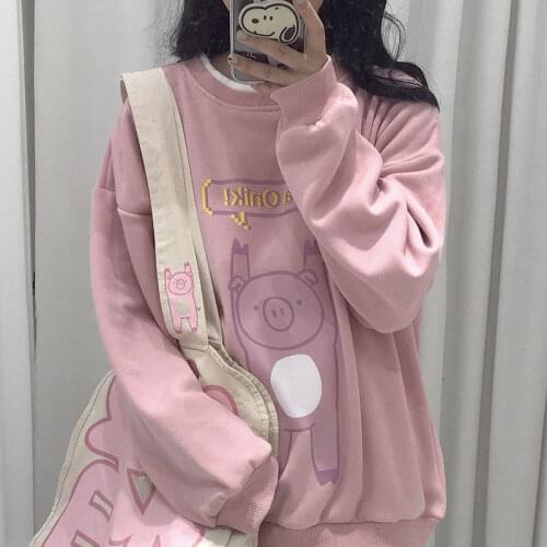 Pink Pig Print O-neck Hoodie Sweatshirt Autumn Women Loose Funny Punk Tops Hip Hop Pollover Oversize Korean Style Hoodies Coats