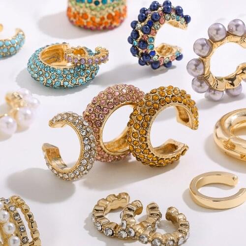 Punk Gold Metal CZ Rhinestone Ear Clips Earring for Women Bohemia Statement Small Stackable Crystal Ear Cuff Jewelry