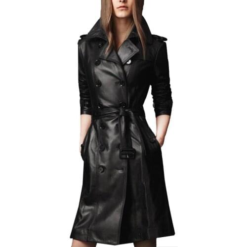 Women Pu Leather Trench Coat Female Overcoat Spring Autumn Long Sleeve Double-breasted Long Coat Ladies Plus Size Windbreaker