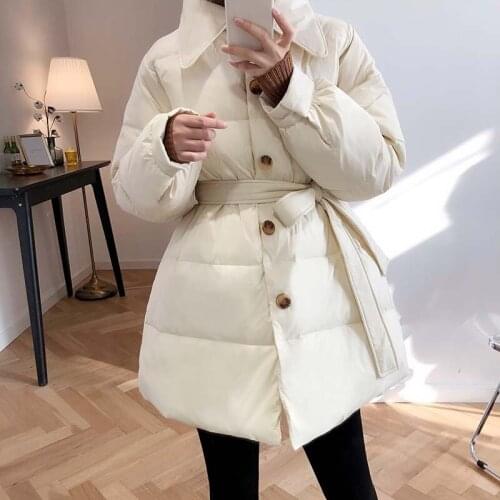 Lapel belt waist down jacket women fashion new style 90% white duck down warm mid-length winter solid color jacket
