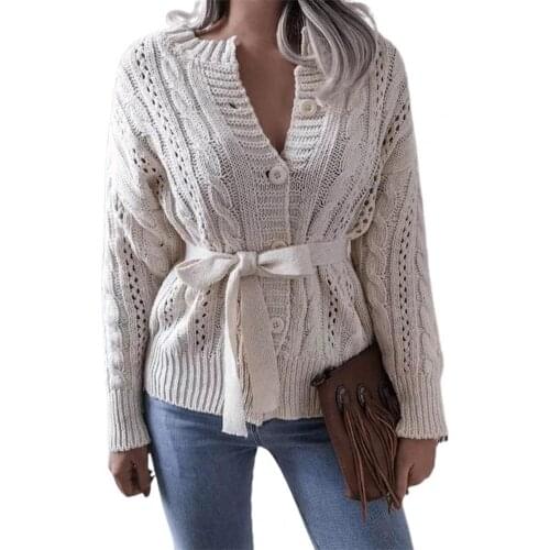 Women Ladies Long Sleeve Bowknot Sweater Cardigan V-neck Knitted Tops Autumn Winter Twisted Criss-Cross Belt Cardigan Outerwear