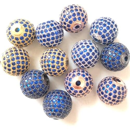 10pcs/lot 12mm Blue Disco Bead for Bracelet Making Crystal Stone Micro Pave Gold Silver Brass Ball Spacer Jewelry Accessory Bulk
