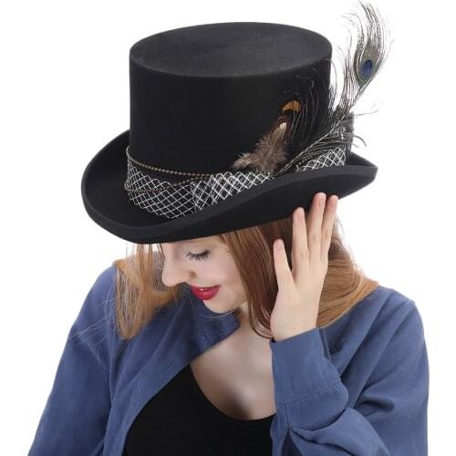 100% Wool Black Women Men Steampunk Top Hat With Handmade Fashion Feather Fedora Cosplay Magic Hat Top 13.5CM 4 Size