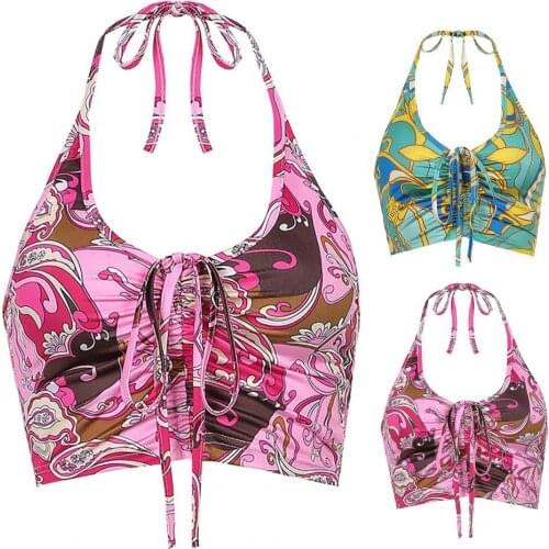 2021 Summer Women Baby Tee Bustier Clothes For Y2k Halter Shirring Crop Top Tight Backless Print U-neck Lace Up Female Tops