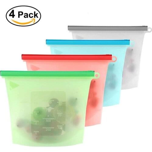 4PCS 1000ml Kitchen Food Sealing Storage Bag Reusable Refrigerator Fresh Bags Silicone Fruit Meat Ziplock Kitchen Organizer