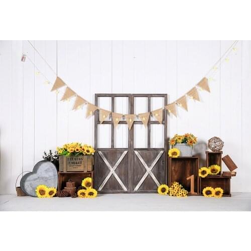 HUAYI Photography Backdrop Sunflowers wooden door Photo Background Baby Child 1st Birthday Cake Smash Studio Photocalls W-4356