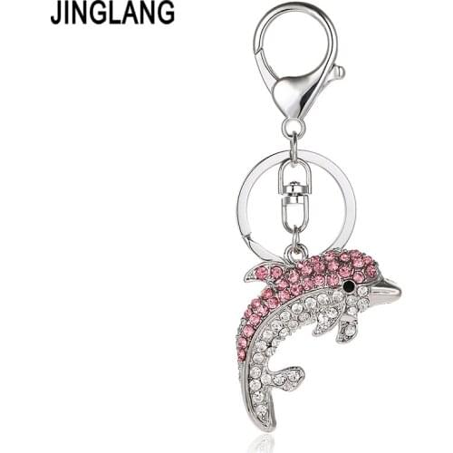 JINGLANG Silver Color Metal Keyring Double Color Crystal 3D Dolphins Animals Charms Key Chains For Women Handbag Jewelry