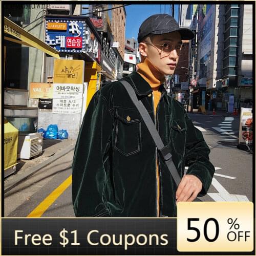 Korean Style Jacket Mens Spring and Autumn Jacket All-match Dark Green Velvet Jacket Men 2020 New Trend Jacket Men Clothing