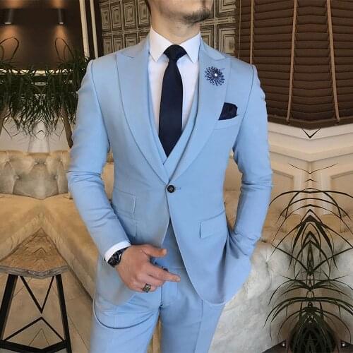 YIWUMENSA Sky Blue Men Suits For Wedding Single Breasted Jacket+Vest+Pants Slim Fit 3 Pieces Blazers Groom Tuxedos Custom Made