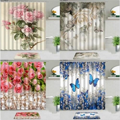 Pink Rose Flower Butterfly Shower Curtain Set Carpet Spring Floral Plant Bathroom Decor Bathtub Screen Flannel Non-slip Bath Mat