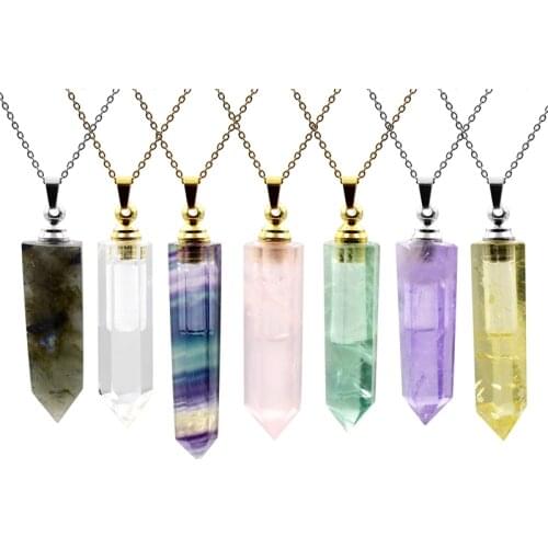 Natural Gems stone Perfume Bottle pendant Essential Oil diffuser pointed Fluorite amethysts crystal Jewelry Hexagon prism vials