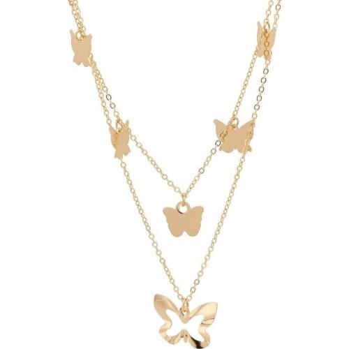 2020 New Trendy Hollow Out Butterfly Necklaces for Women Double Golden Color Pendant Necklace Female Jewellery Accessories