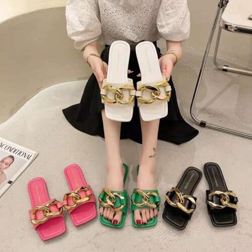 CASUAL Fashion Leisure Fashionable Large Metal Chain Flat Slippers Womens 2021 New Zapatos De Mujer Ladies Platform Shoes