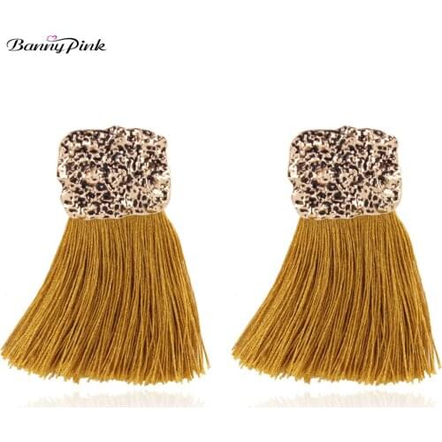Banny Pink Bohemia Cotton Tassel Fringed Earrings Vintage Geo Statement Studs Earrings For Women Ethnic Pendant Post Earrings
