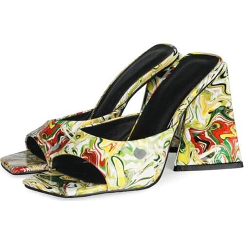 Summer Slides Block Heel Sandals For Women Mules Open Square Toe Women Slippers Super High Heels One Strap Shoes Party Nightclub