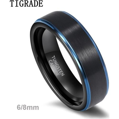 Tigrade Women Men Black Ring with Blue Line Brushed 6mm 8mm Tungsten Carbide Daily Jewelry Unisex Rings Dark