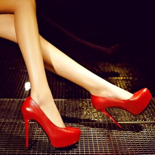 Spring autumn fashion genuine leather slip on pumps red wedding shoes dress shoes for woman office lady platform high heels 13cm
