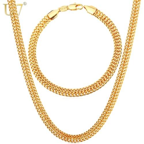 U7 Gold Color Ethiopian Jewelry Set Wholesale Trendy Wide Chain Bracelet Necklace Set For Men Jewelry Party S701