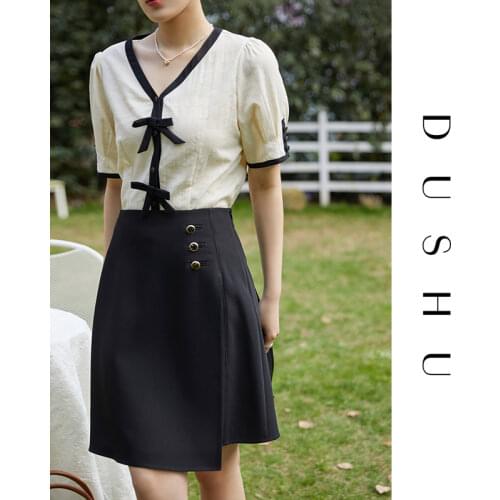 DUSHU Asymmetrical Black Yellow Half-length Skirt Women Thin And All-match Temperament Short Skirt Loose Waist Sexy