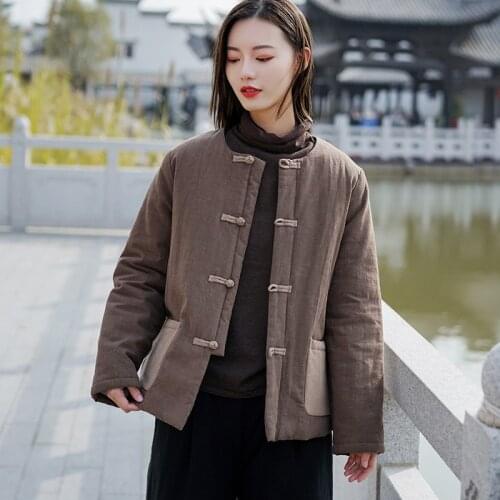 Aransue Autumn And Winter New Womens Clothing Retro Ramie Sand Wash Outwear Round Neck Coil Button Short Cotton Padded Jacket