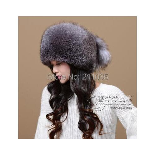Women Winter Plus Size High Quality Thicken Fox Fur Skullies & Beanies Hats Man Oversized Protective Ear Warm Ink Fur Caps