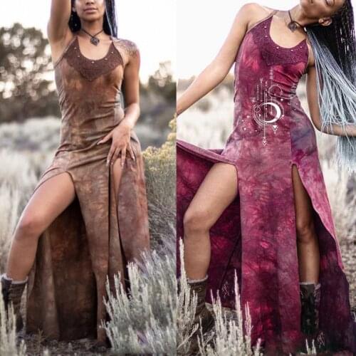 Medieval Viking Pirate Women Dress Halloween Cosplay Costume Tie-dye Vintage Retro Strap Dresswes Split Long Sexy Slim Vestido