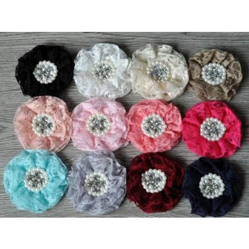50pcs/lot 9cm 12colors Newborn Lace Beaded Chiffon Flower With Pearl Rhinestone Shabby Lace Ruffled Fabric Flowers For Headbands