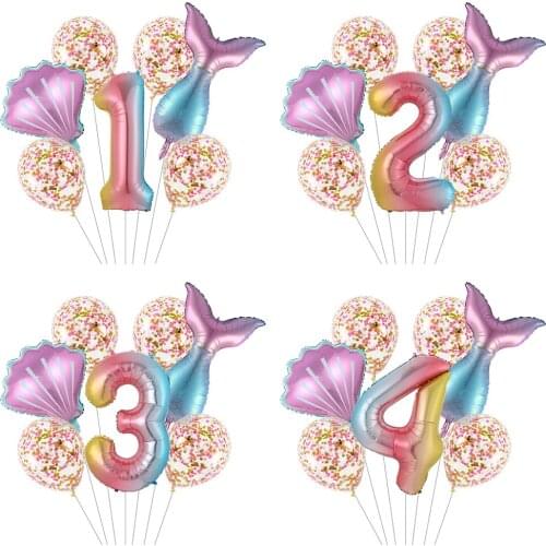 7pcs/lot Mermaid Tail Balloons Mermaid Party Childrens Birthday Decoration Shell Number Baloon Event Decoration for Girls