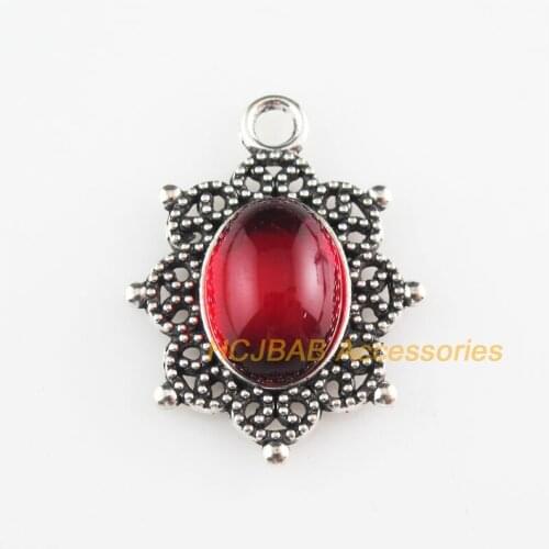 8 New Oval Charms Red Glaze Flower Pendants Tibetan Silver Tone 22x29mm
