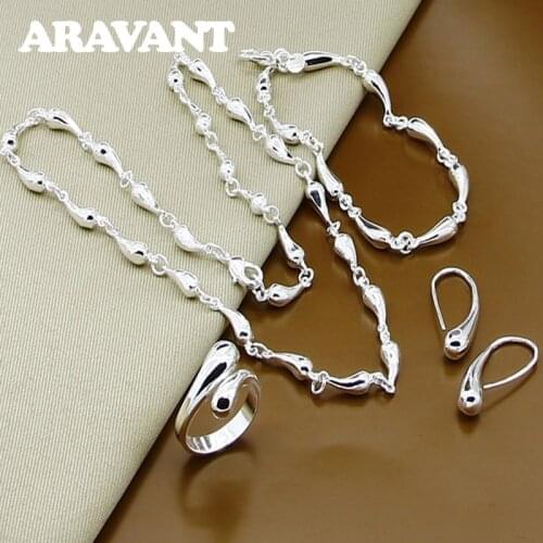 925 Silver Jewelry Sets Full Water Drop Necklaces Chain Bracelets Earrings Rings For Women