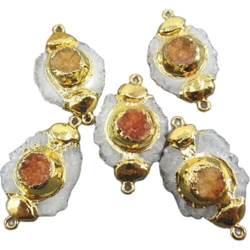 APDGG 5PC Natural White Yellow Quartz Crystal Freedom Gold Plated Connector Pendant For Necklace Pendant Jewelry DIY