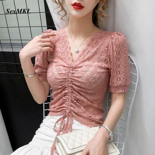 Summer Lace Blouses Womens 2020 Fashion V Neck Puff Sleeve White Blouse Women Clothes Korean Hollow Out Transparent Ladies Tops