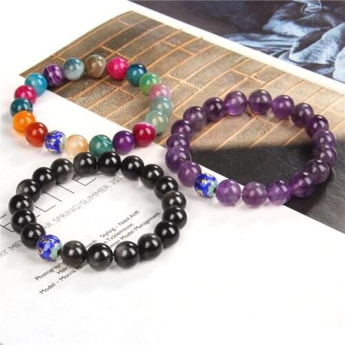 Enamel Style 10mm Beads Bracelet Natural Stone Bracelets For Women Men Obsidian Amethysts Colorful Agat Bangles Gorgeous Jewelry
