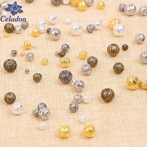 50-200pcs 4/6/8/10/12mm Hollow Flower Beads Metal Charms Plating Gold/Bronze Filigree Spacer Beads For Jewelry Making