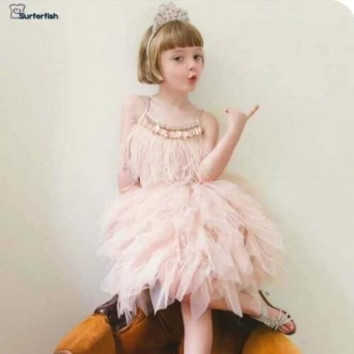 2019 spring summer new Feathers custom baby dres Princess Princess Dress ins Strap Rhineston Dress Party Valentine' s Day Dress