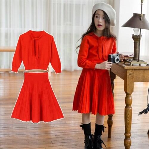 Girls Autumn And Winter New Style Western Style Suit Knitted Sweater Pleated Skirt Fashion Princess Two Piece Set