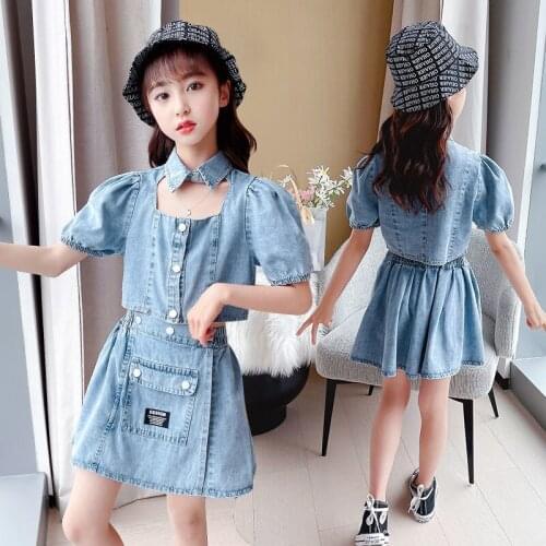 Denim Kids Clothing Set Casual Children Two Piece Suit Solid Blue Jeans Tops +shorts Teenage Girl Set Spring summer Tracksuit