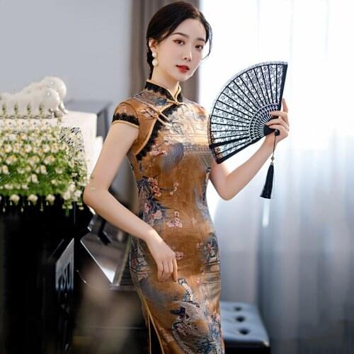 Elegant Lace Trim Chinese Dress Women Vintage Button Trim Long Cheongsam Summer Short Sleeve Slim Retro Print Classic Qipao